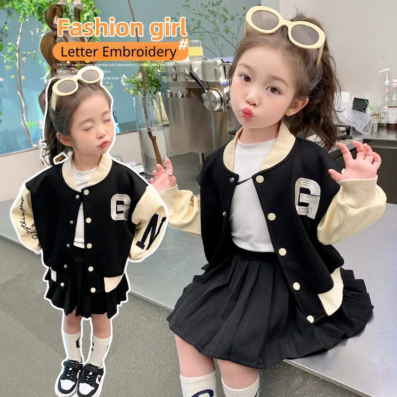 

Autumn Winter Baby Girl Baseball Uniform Set Children Letter Embroidery Cardigan Jackets Top and Pleated Skirt Suit JK Clothes