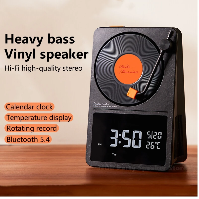 

Bluetooth Speakers Desktop Clock Retro Stereo Record Player HD Screen Date Temperature Display Creative Rotatable Wireless Gift