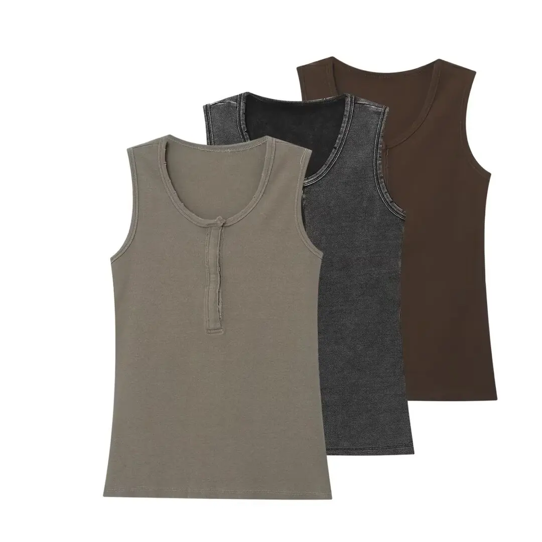

MYST&ZA Women's Summer New Washed Distressed Decorated Minimalist Basic Crew Neck Sleeveless Ribbed Vest Top