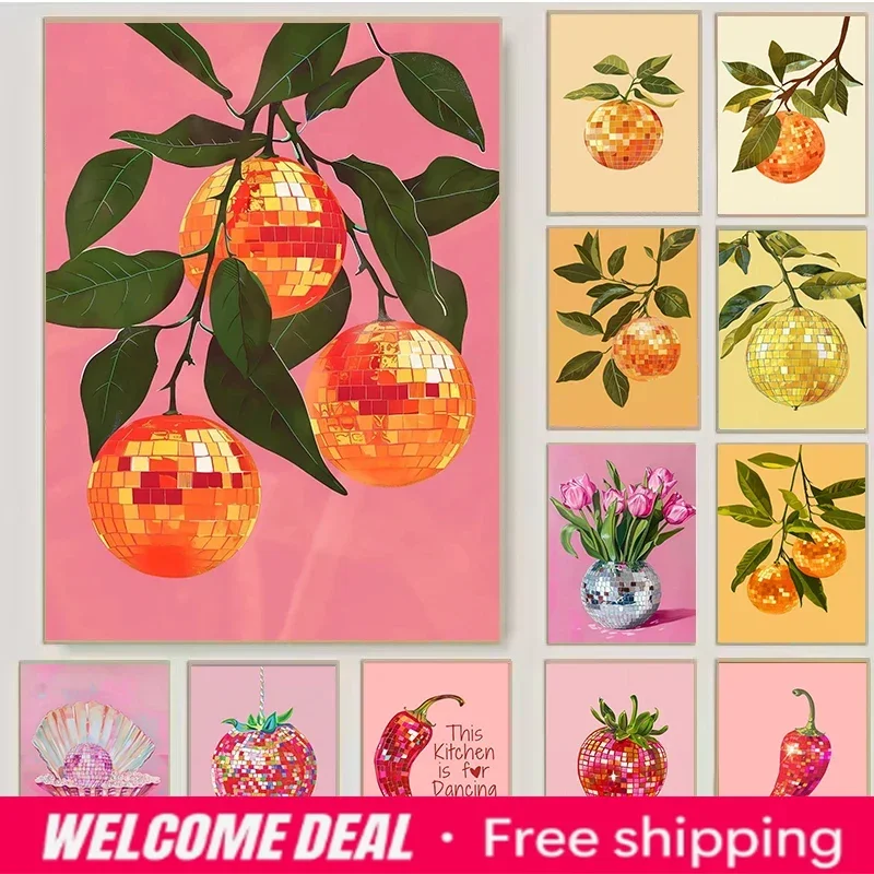 2026  Retro Trendy Fruit Disco Ball Orange Mirrorball Creative Poster Canvas Paintings Wall Art Prints Bar Kitchen Room Home