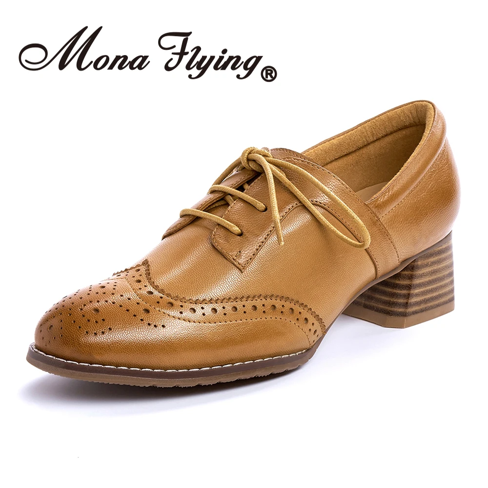 Mona Flying Women's Genuine Leather High Heel Oxfords Wingtips Lace up Dress Pumps Work Office Heel Shoes for Ladies K058-11