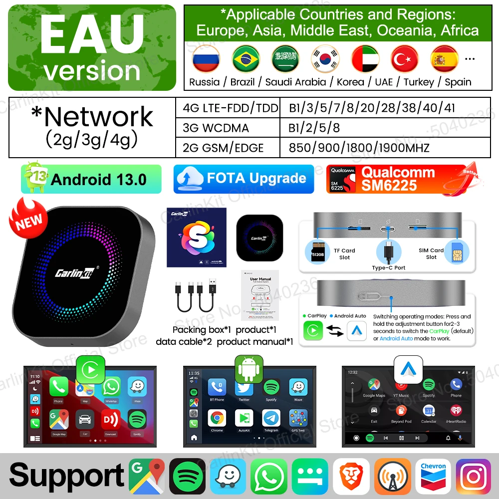 CarlinKit CarPlay Ai Box Android 13 SM6225 8-Cores Auto TV Box 8GB 128GB Ondersteuning GPS Play Store Netflix FOTA Upgrade Online Video