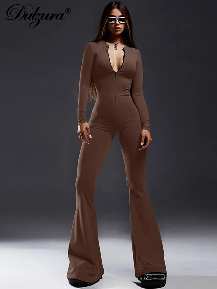 Dulzura Zipper Half Turtleneck Jumpsuit Long Sleeves Bell-Bottomed Pants 2023 Autumn Women Clothing Sexy Body-Shaping Clubwear