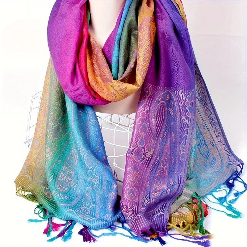 Jacquard satin cashew long scarf elegant Tibohemian gradient tassel shawl windproof and warm large scarf women\'s carnival