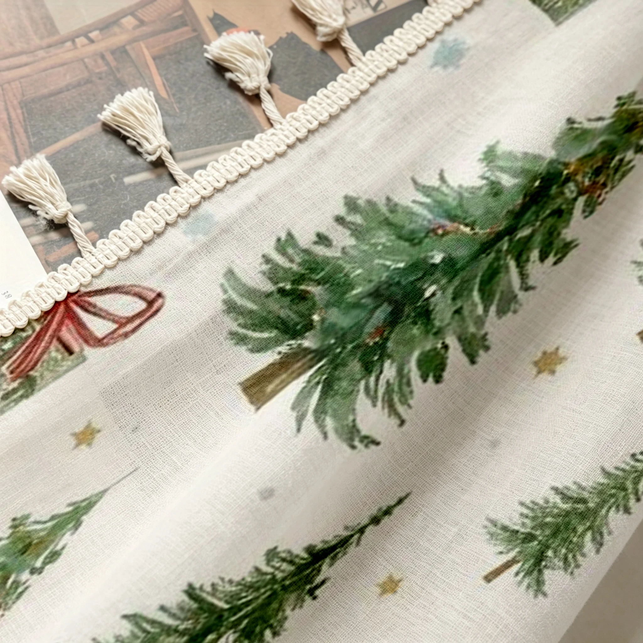 1PC Christmas Tassel Sheer Curtains, Tree Gift Box Star, Digital Print, Linen Polyester, Bedroom Living Room Kitchen Home Decor