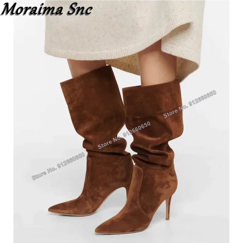 

Moraima Snc Slip on Brown Pleated Suede Boots for Women for Boots Pointed Toe Stilettos High Heels Runway Shoes on Heels Size 44