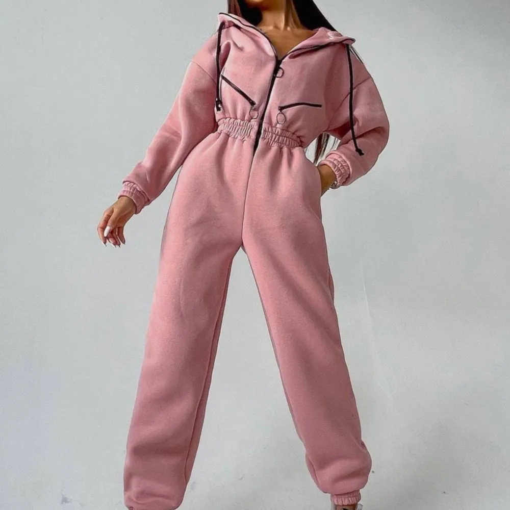 سترة بقلنسوة غير رسمية بدلة قفز نسائية جديدة للخريف والشتاء دافئة بنصف سحاب بخصر نحيف ثوب فضفاض رياضي نسائي 2025