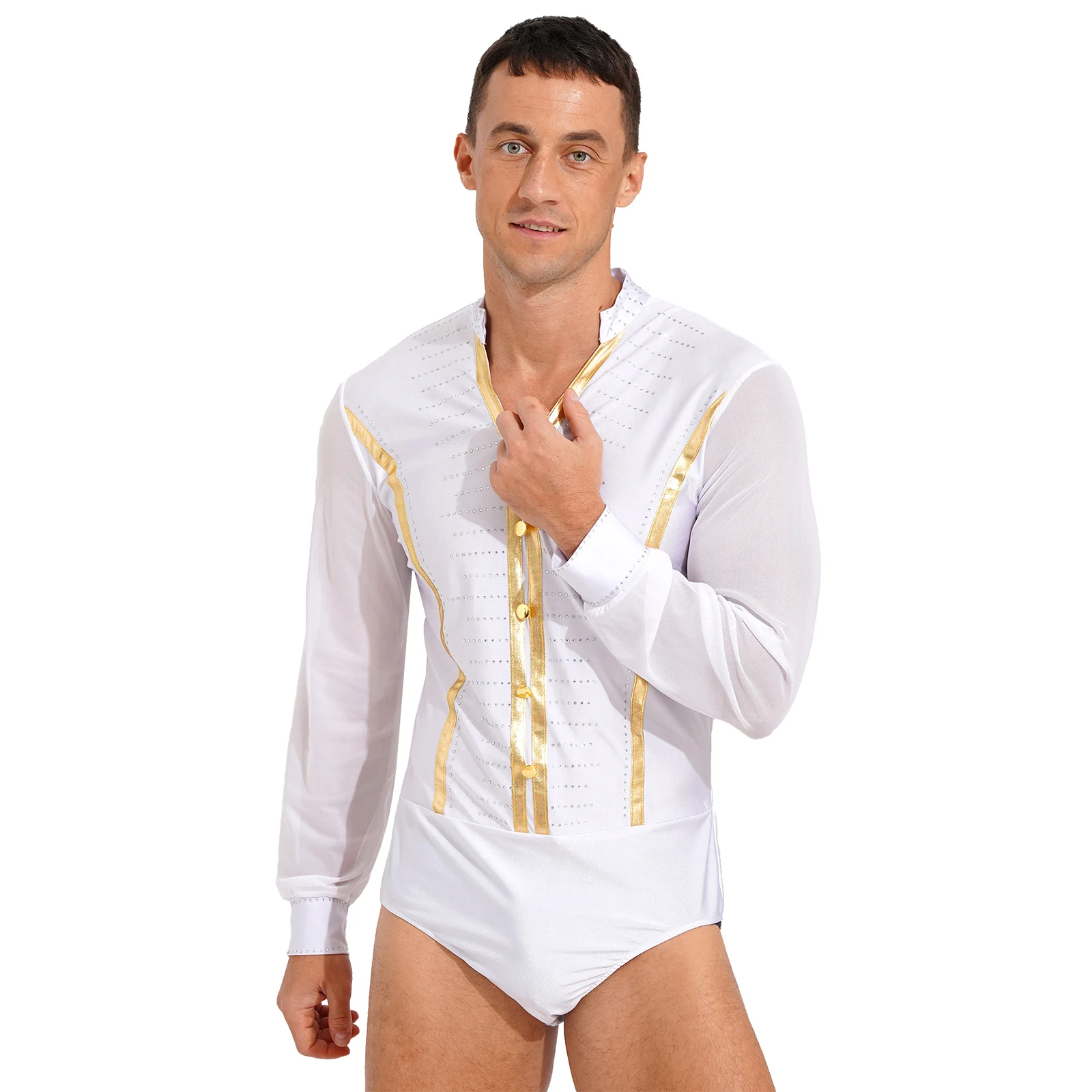 Traje de baile latino Samba de salón de gimnasia con diamantes de imitación brillantes para hombre, mono de malla transparente con cuello en V, mono de leotardo de manga larga