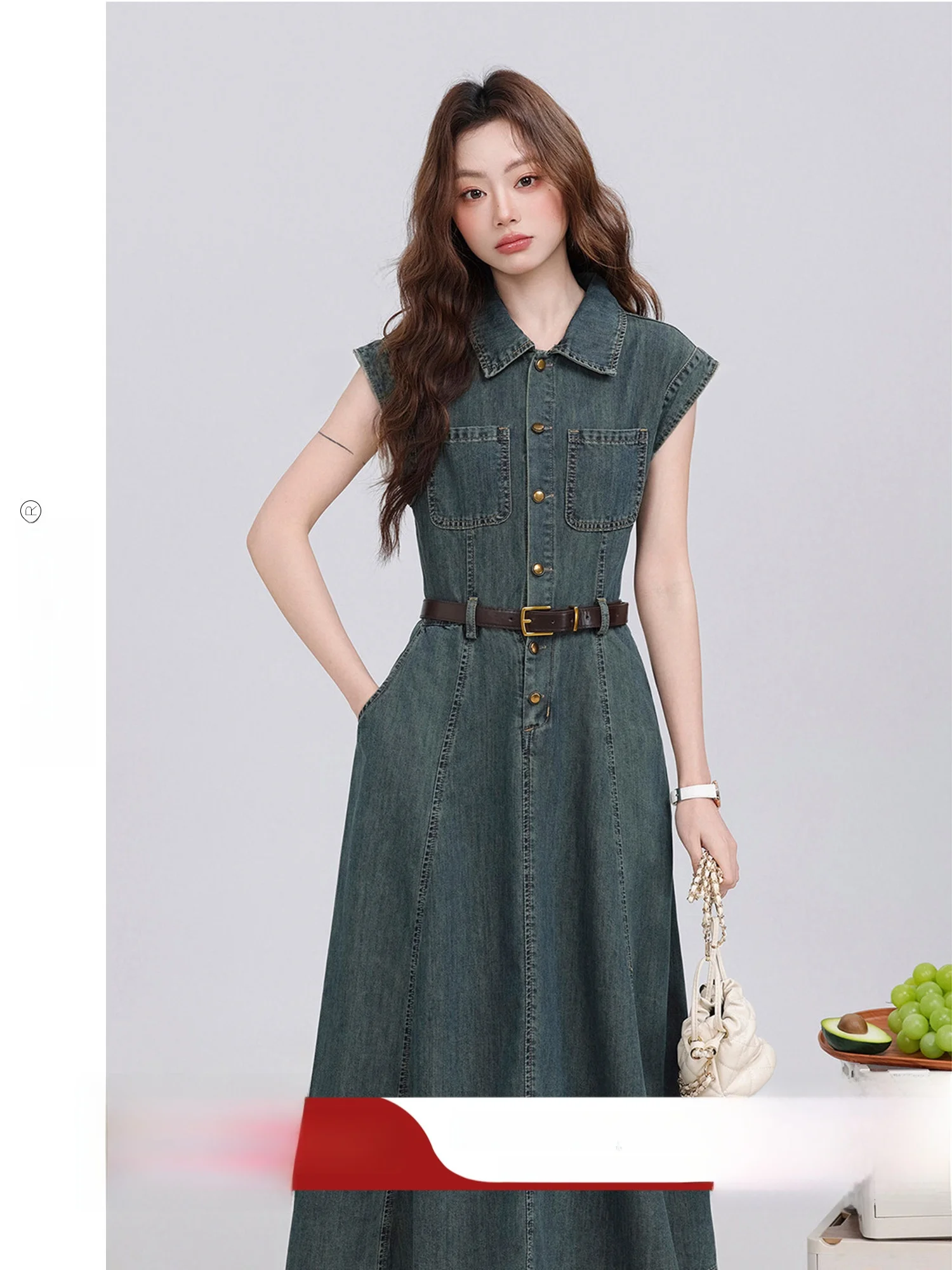 

Deep Lane Old Shadow 2026 Korean Style Lace Denim Dress Summer New Waist Cinching Slim Mid-Length Skirt High Waist Short Slee...