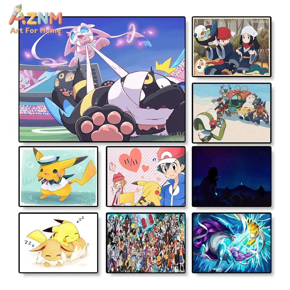 AZNM Pokemon Anime Leinwand-Wandkunst Sylveon Ash Pikachu Niedliche Trainer-Charaktere Cartoon HD-Druck Rahmenlose Leinwandmalerei für Be
