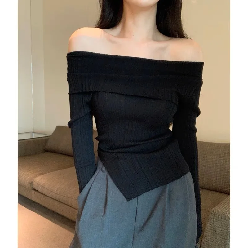 Elegant Slash Neck Sweaters Women Irregular Split Knitted Jumpers Korean Slit Solid Basic Slim Pullovers Autumn Knitwear