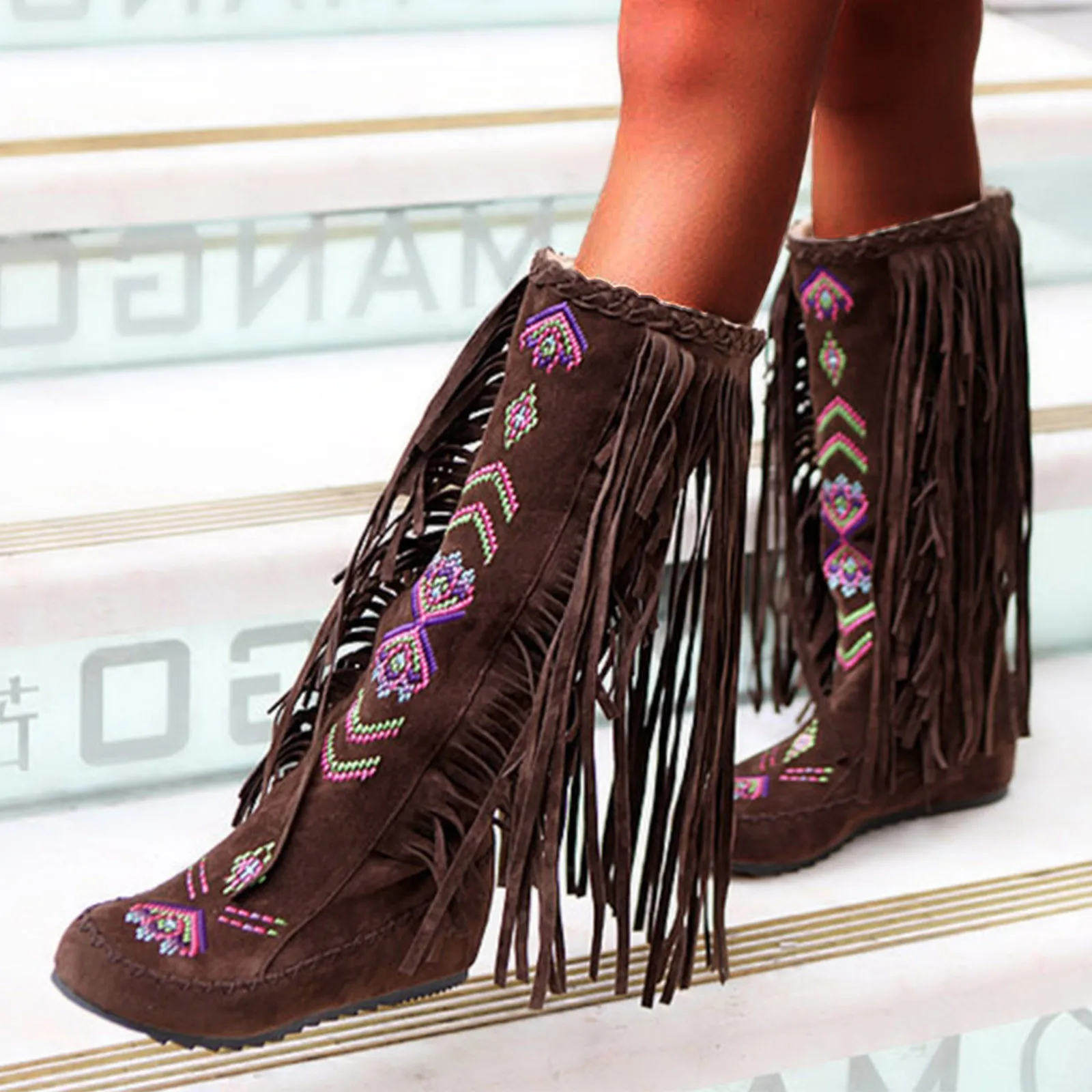 Ethnic Women Boots Fashion Fringe Flock Embroidery Round Toe Wedges Mid-calf Boots Solid Plus Size Comfort High Heels Booties