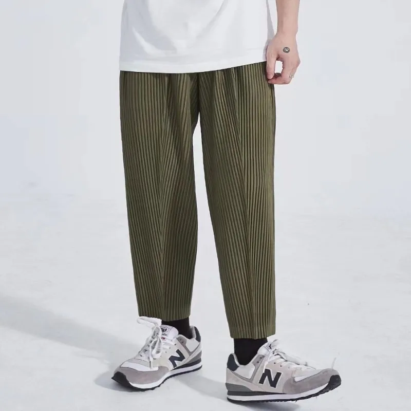 Miyake Pleated Pants Harem Pants Elastic Waist Mid-Seam Pants Loose Casual Cropped Pants Men\'s Clothing Japanese Style Fashion