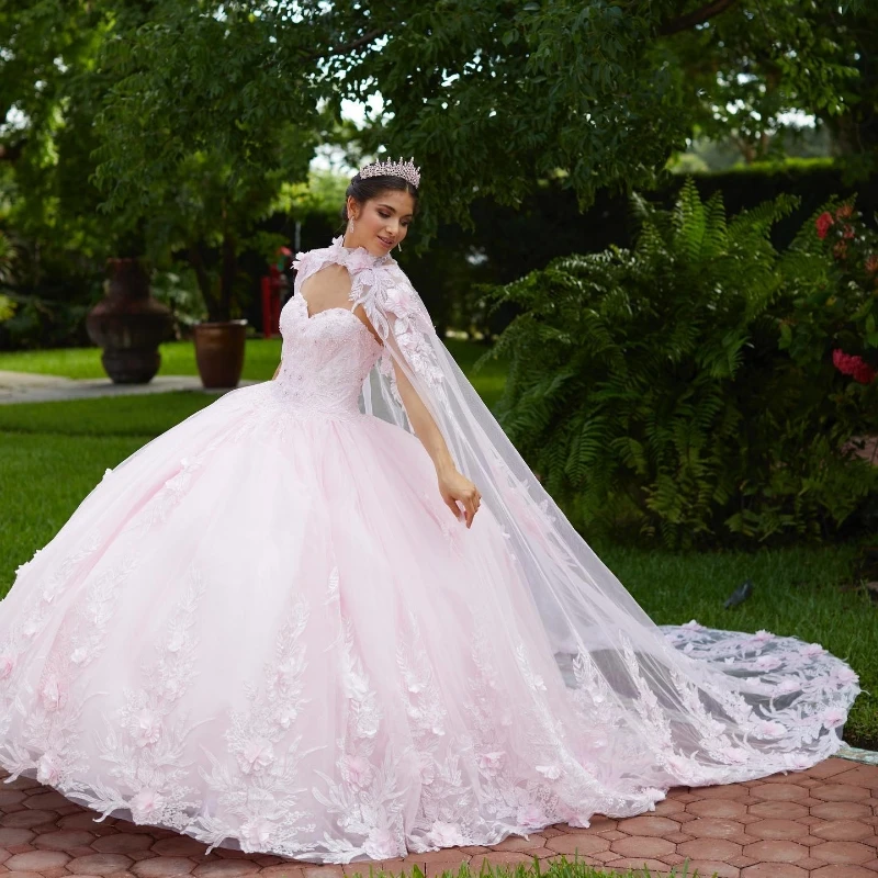 

Pink Princess Mint Green Ball Gown Quinceanera Dresses Off Shoulder Flowers Appliques With Cape Luxury Corset Vestidos De 15Anos