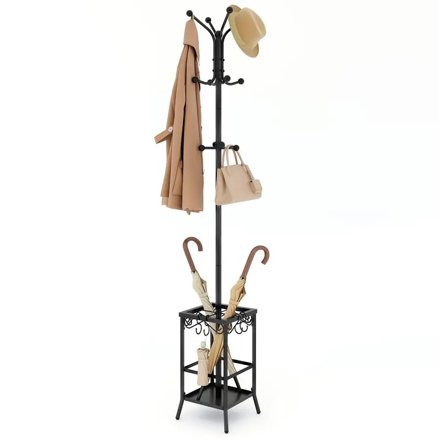 

Coat Rack Freestanding, Coat Tree with Umbrella Holder, Metal Coat Rack Stand with 12 Hooks, Standing Coat Hanger Stand, Umbrell