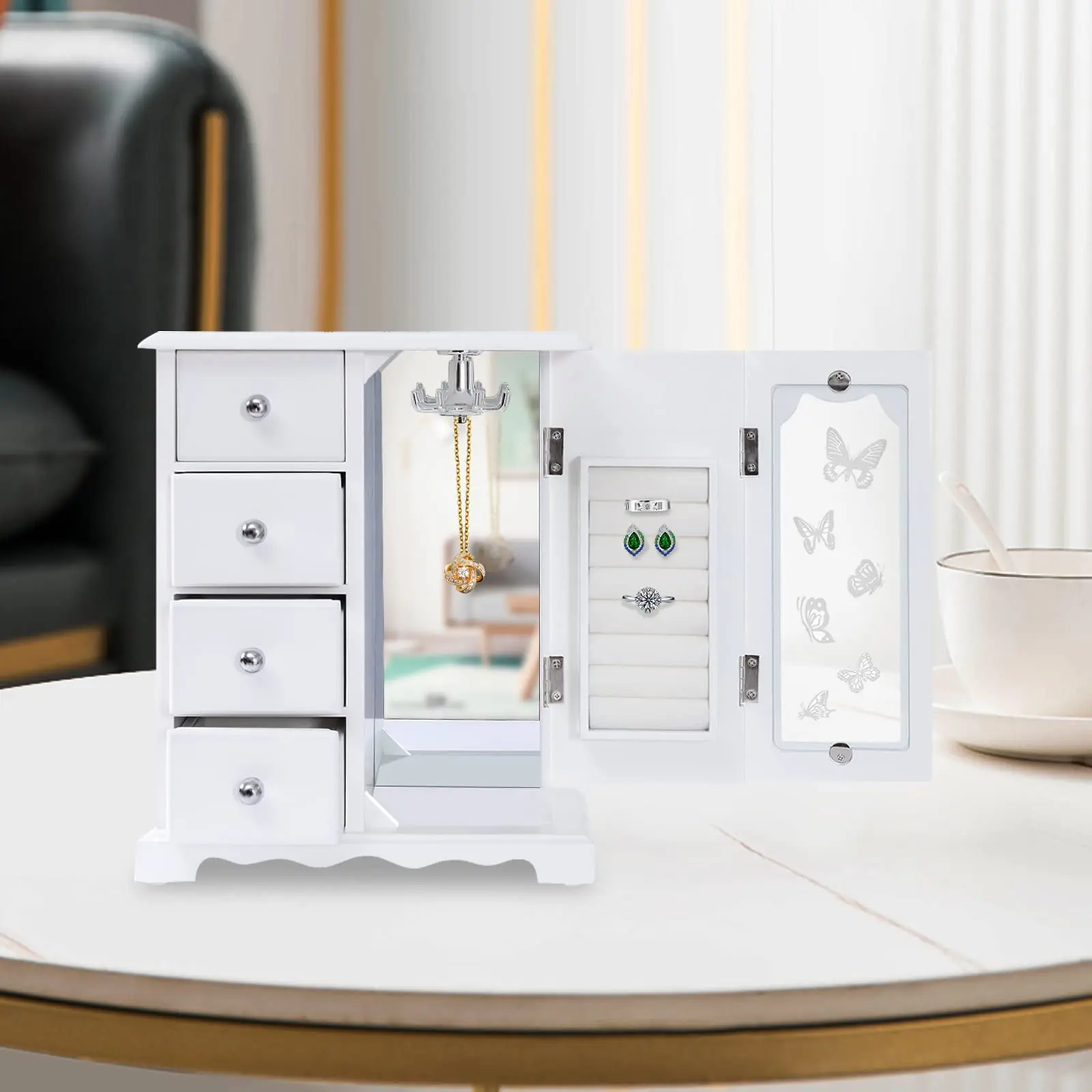 صندوق مجوهرات خشبي صلب، صندوق مجوهرات - مصنوع من الخشب الصلب مع منظم 4 أدراج وقلادة مدمجة ودائرة كبيرة