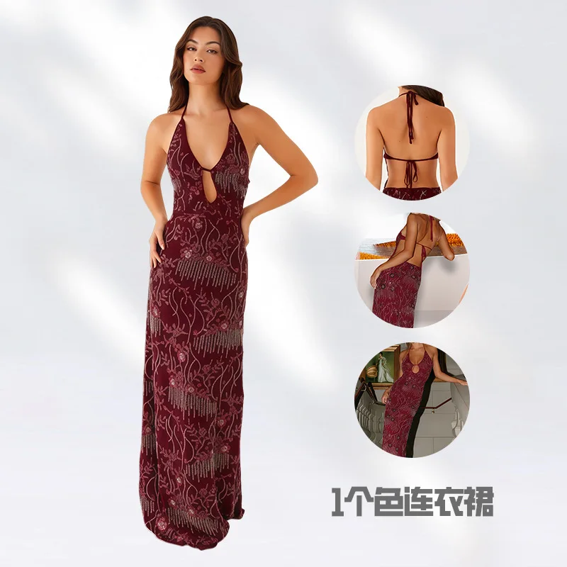 

Sequins Hollow Out Backless Sexy Maxi Dress Women Gown Fashion Sparkle Halter Sleeveless Bodycon Club Party Dresses