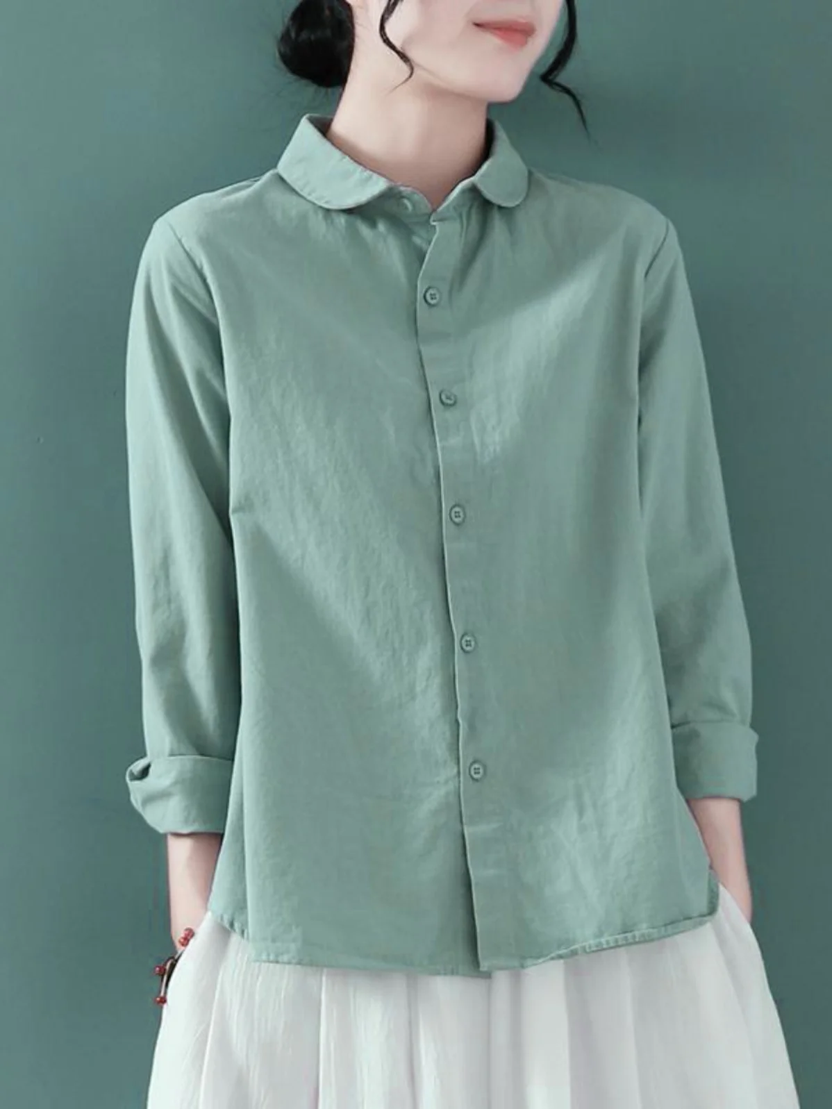 

Свободный крой Long Sve Cotton Linen irt Женский весенне-осенний универсальный утягивающий льняной топ с отложным воротником Ele для поездок на работу...