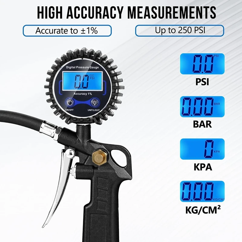 Digital Tire Pressure Gauge with Inflator, 250 PSI, Quick Connect for Cars, Trucks, SUVs, RVs