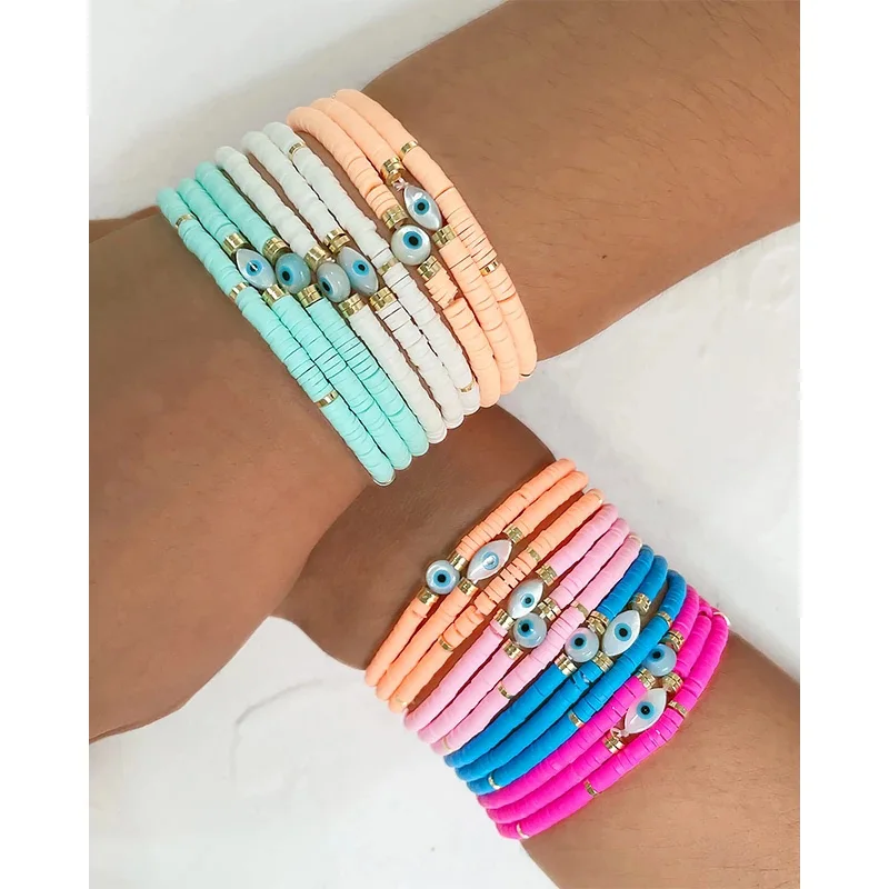 Peri'sbox Cute Colorful Natural Shell Eye Bead Bracelet For Women Bright Color Soft Pottery Disc Beaded Bracelets