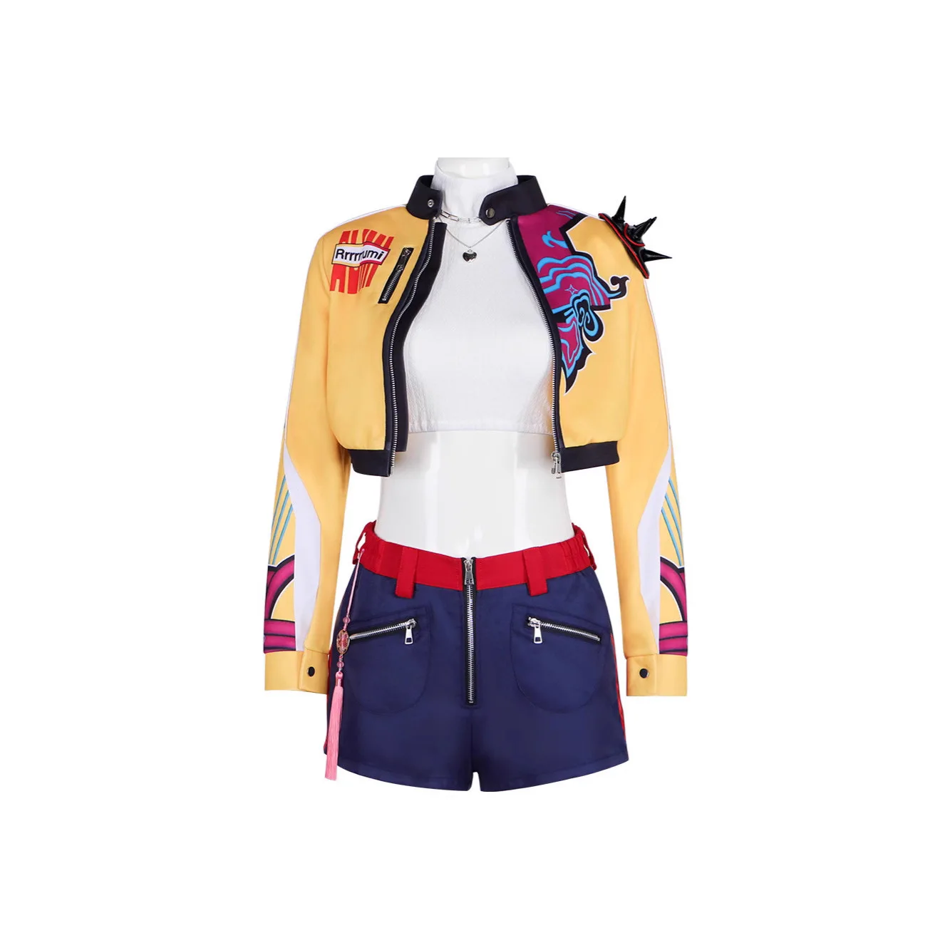 Kpop شيطان الصيادين تأثيري حلي فتاة مجموعة الزي المحاصيل الأعلى السراويل الصفراء تسخير حزام مجموعة مرحلة الأداء حفلة الهالوين