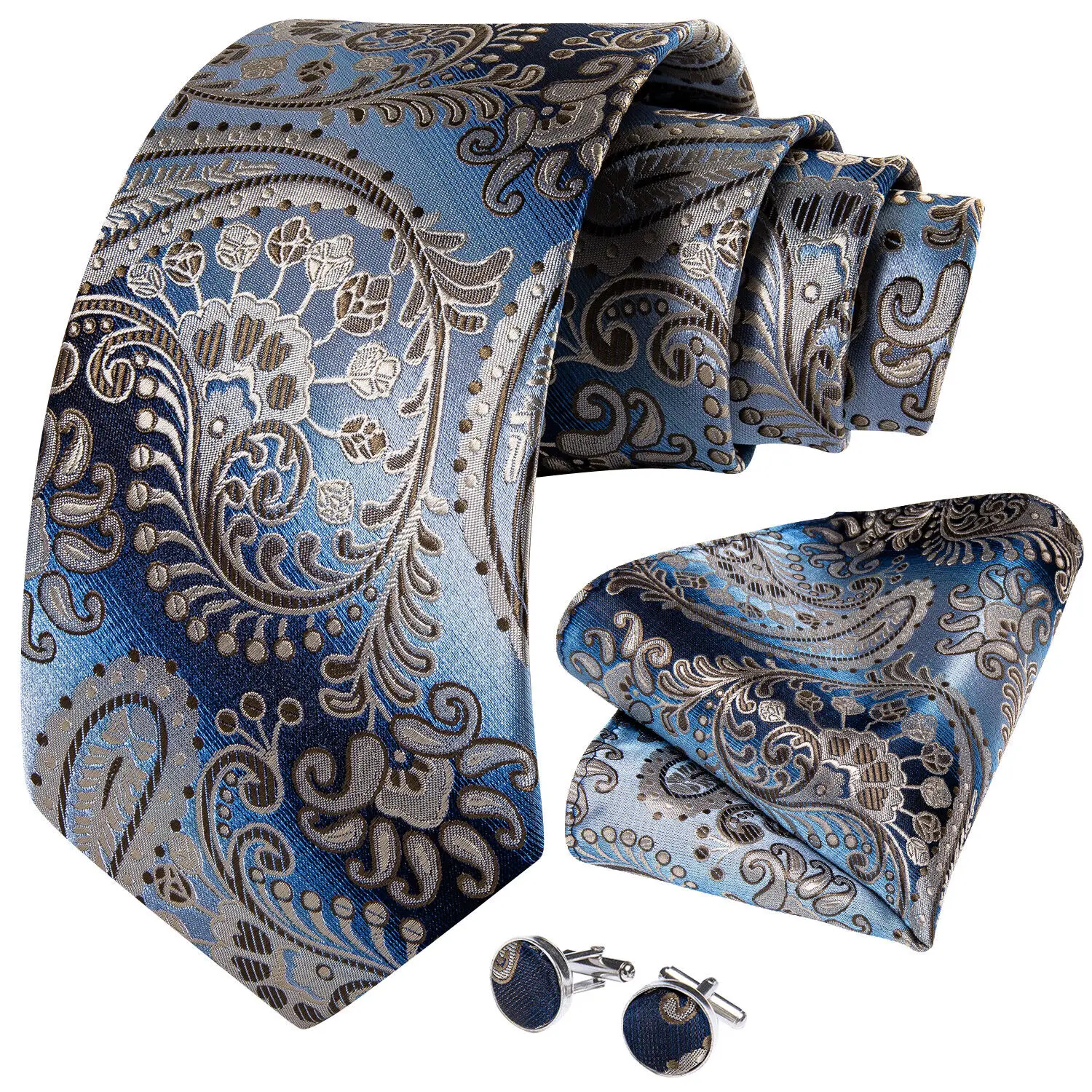 

Paisley Silver Blue Wedding Tie For Men Gift Mens Necktie Handky Cufflink Set Fashion Business Party Dropship Hi-Tie Designer