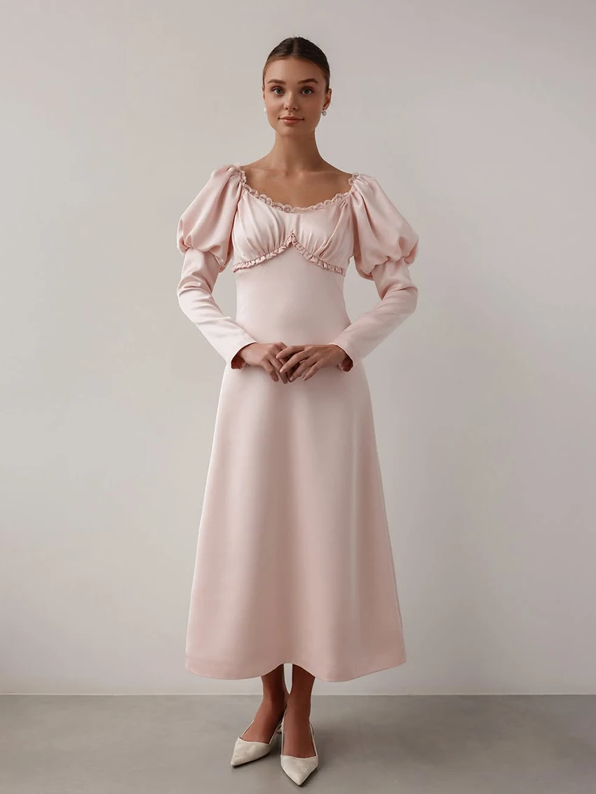 

Marthaqiqi Pink Elegant Ladies Pajamas V-Neck Nightwear Long Sleeve Sleepwear Lace Up Nightie Ankle-Length Dress Women Nightgown