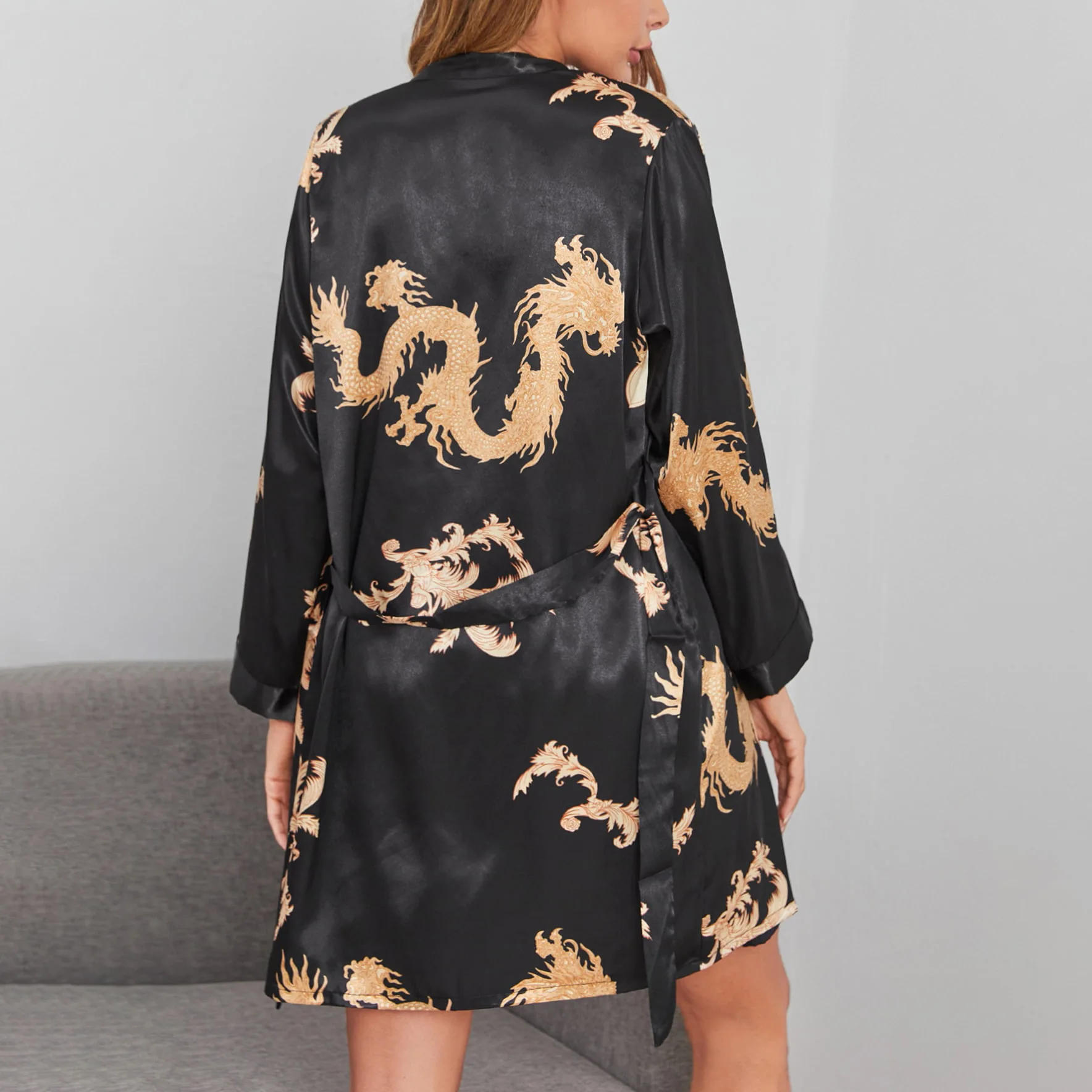 Sexy Robe Set Women Black Kimono Print Dragon Spaghetti Strap Cozy Bathrobe Gown Summer New Loungewear Nightgown Sleepshirt