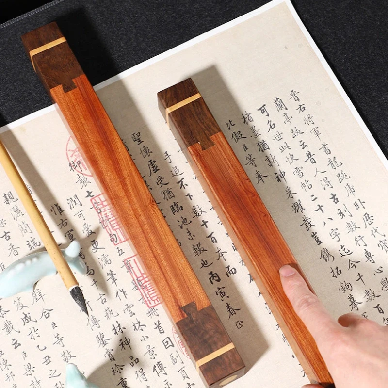 Wood Chinese Calligraphy Paperweight Solid Copper Paper Press Ruler for Chinese Ink Painting Writing Desk Decor Art Stationary
