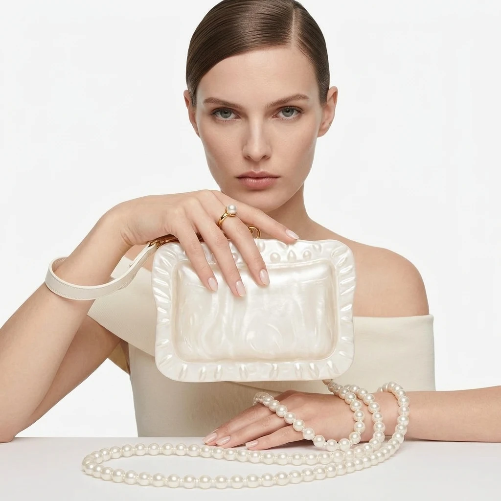 

2026 Women's Evening Bag New Single Shoulder Crossbody Clutch Bag Acrylic Magnetic Button Dinner Bag with Pearl Chain Bag 20 cm