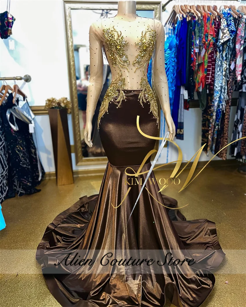 Elegant Long Mermaid Prom Dress Beading Gold Crystal Rhinestone Birthday Dress Women 2024 Evening Gown Long Sleeves Customized 