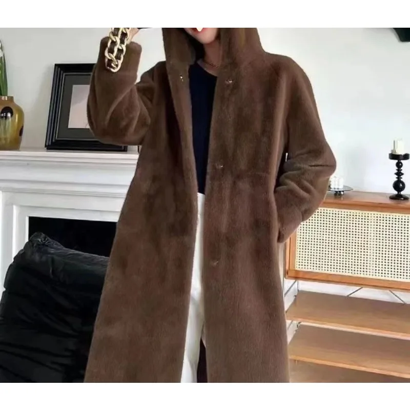 Abrigo de piel largo y grueso con capucha y forro de piel para mujer, abrigo de piel de Año Nuevo rojo Ankor para mujer, abrigo de piel de nuevo estilo para mujer