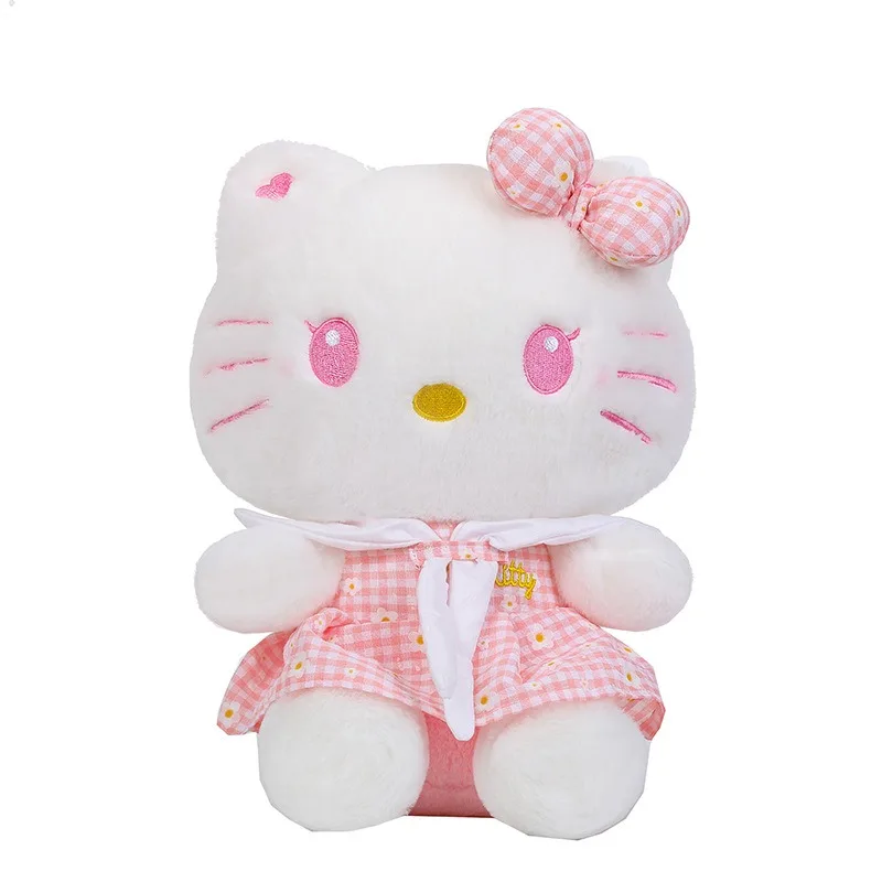 Sanrio Kawaii muñeco relleno de juguete lindo gato Hello Kitty en verano falda a cuadros niños regalo de cumpleaños niñas muñecas de peluche al por mayor