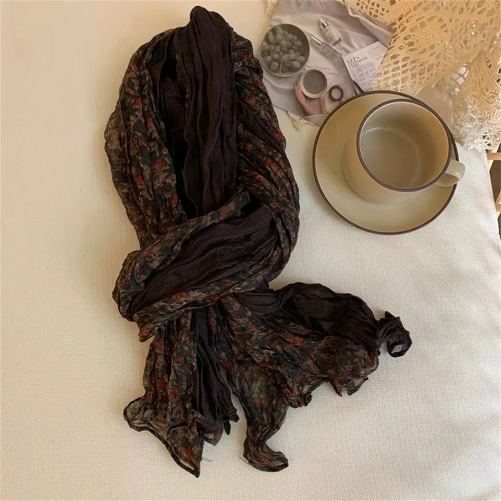 Vintage Cotton Linen Patchwork Scarf Women Pleated Scarf  Long Floral Square Scarf Shawl Fashion Winter Warm Casual Scarf Shawl