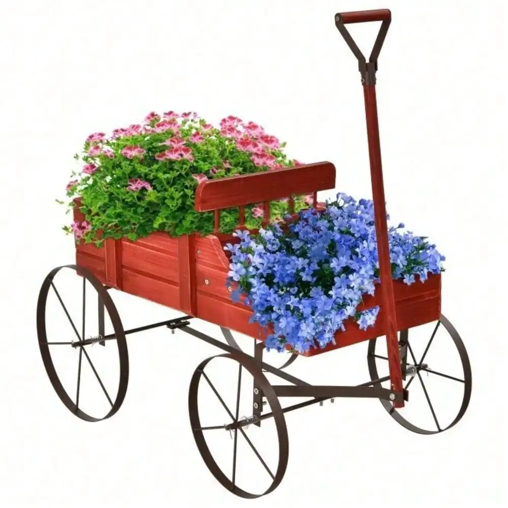 

Wooden Wagon Plant Bed Metal Wheels Garden Yard Patio Planter Cart W/ Wood Frame