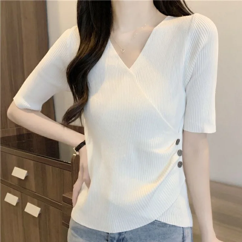 Fashion V-Neck Knitted Solid Color All-match Folds Blouse Female Clothing 2024 Summer New Casual Pullovers Asymmetrical Shirt