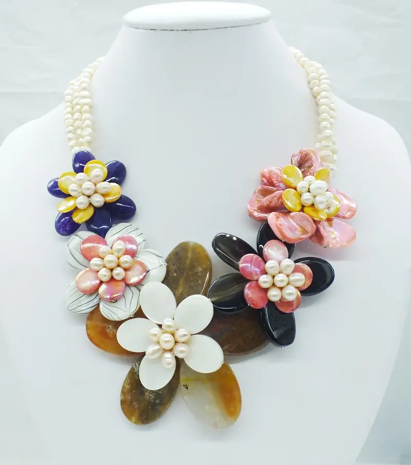 1465#   Excellent  !  Shell Natural stone  Flower Necklace 20