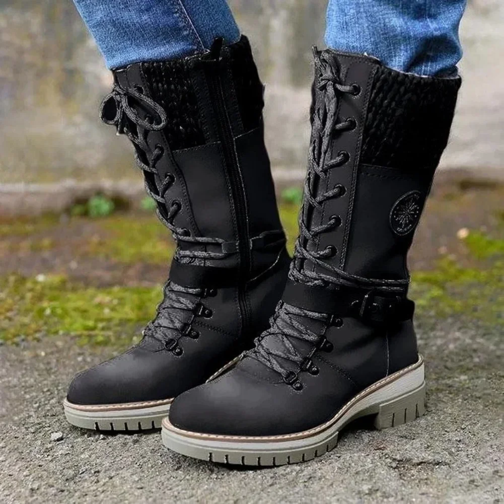 High-quality Winter Warm Boots Women\'s Winter Side-pull Lace-up Knitted Mid-tube Boots Low-heeled Round-toe Boots Botas De Mujer