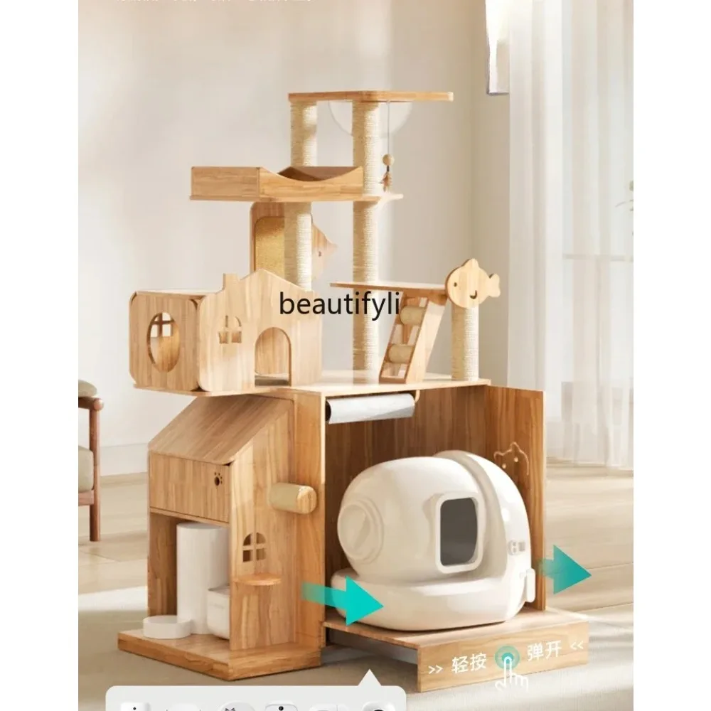 

Solid wood cat climbing frame can hold cat litter box, integrated scratching board, household open villa toy cat rack