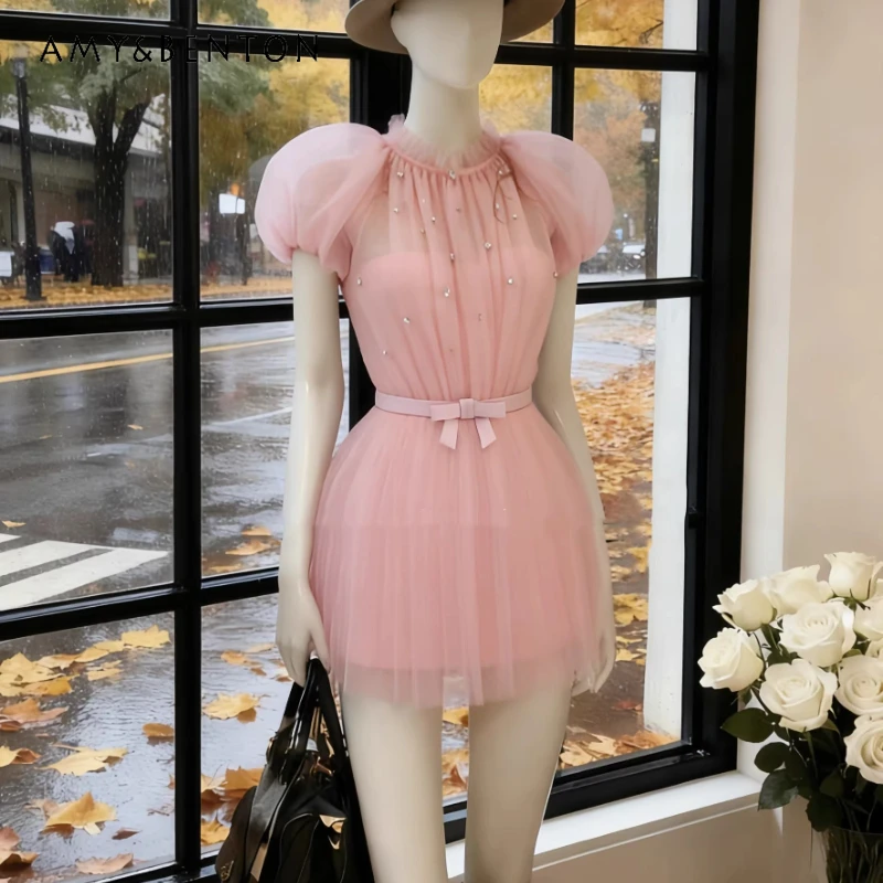 

Temperament Pink Puff Sleeve Mesh Gentle Women's Dress 2026 Summer Sweet Fashion Bow Nail Beads Slimming Short Dresses Ladies