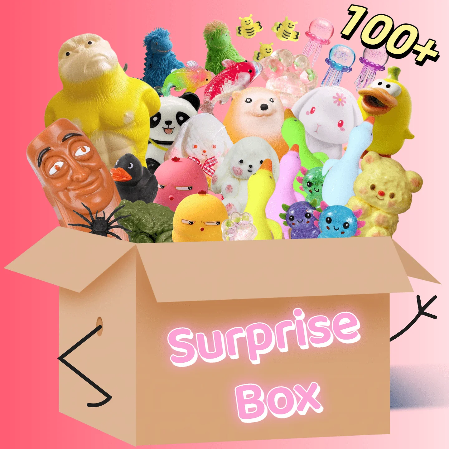 

100Pcs Slow Rebound Squishy Blind Box Toys, Assorted Stress Relief Fidget Toys Set with Giant Yellow Gorilla, Moai Head, Panda, Rabbit, Duck, Jellyfish, Axolotl Figures, Mystery Surprise Party Favors Sensory Squeeze Toys