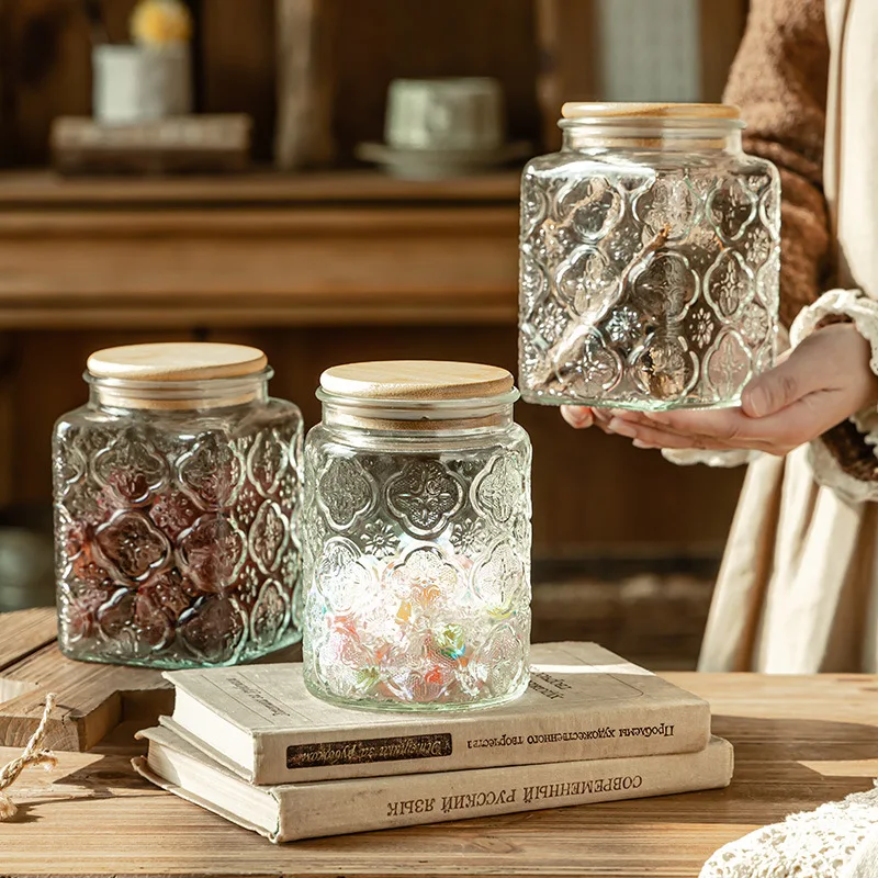 

YFY high-value pattern household storage dried fruit snack glass bottle sealed kitchen storage jar with lid
