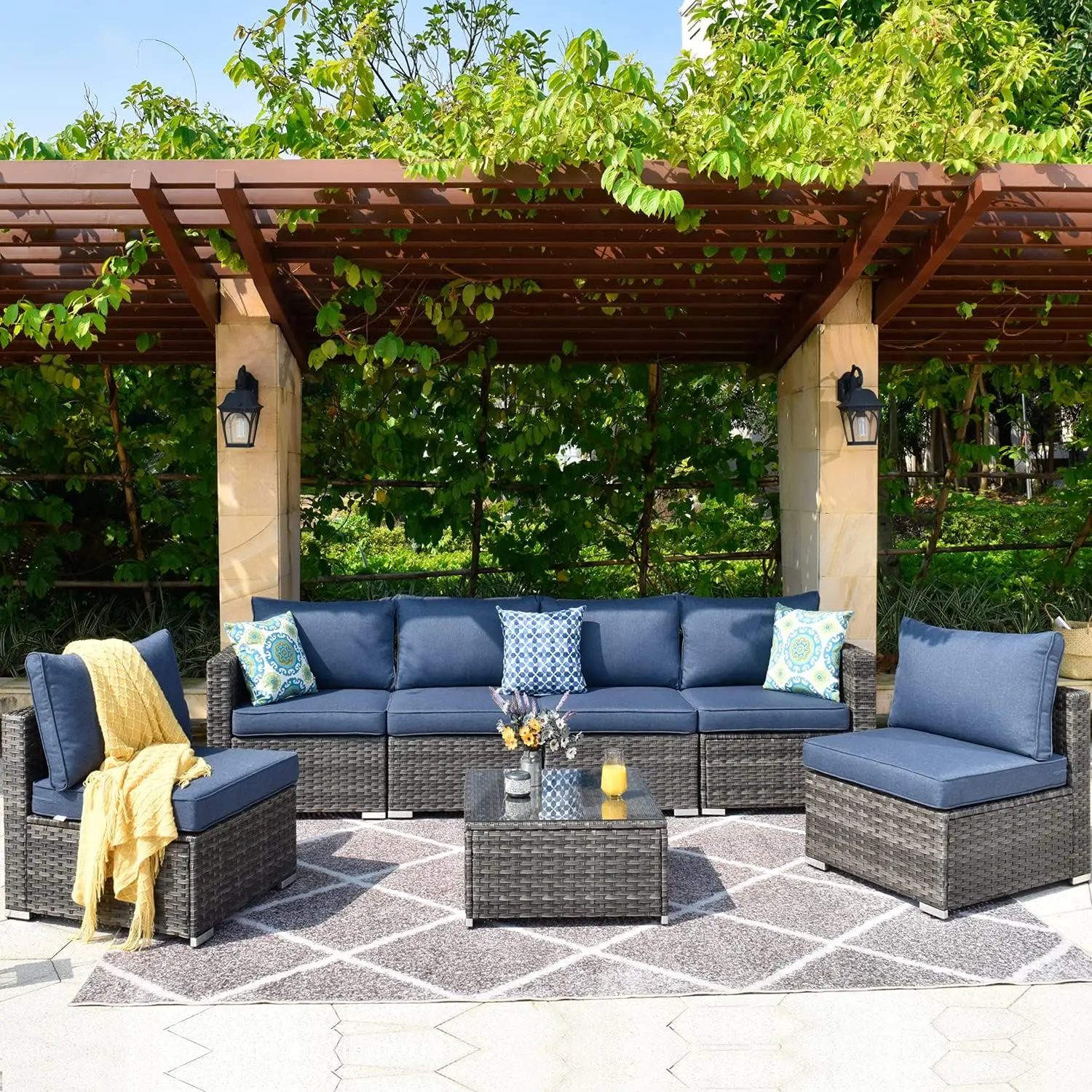 

Backyard Sectional Sofa with Glass Table 7PCS Outdoor Patio Conversation Sets All Weather Wicker Rattan Couch (Denim Blue)