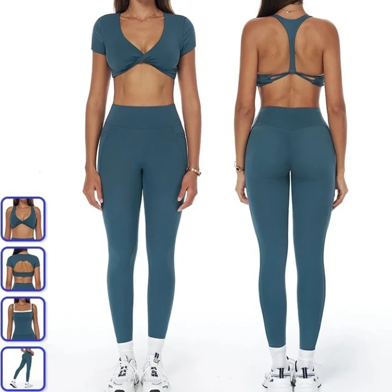 

Yoga Set 2PCS Sports Suit Gym High Waist Leggings Women Clothes Fitness Tracksuit Workout Short Sleeve Tops Yoga Bra Sportswear