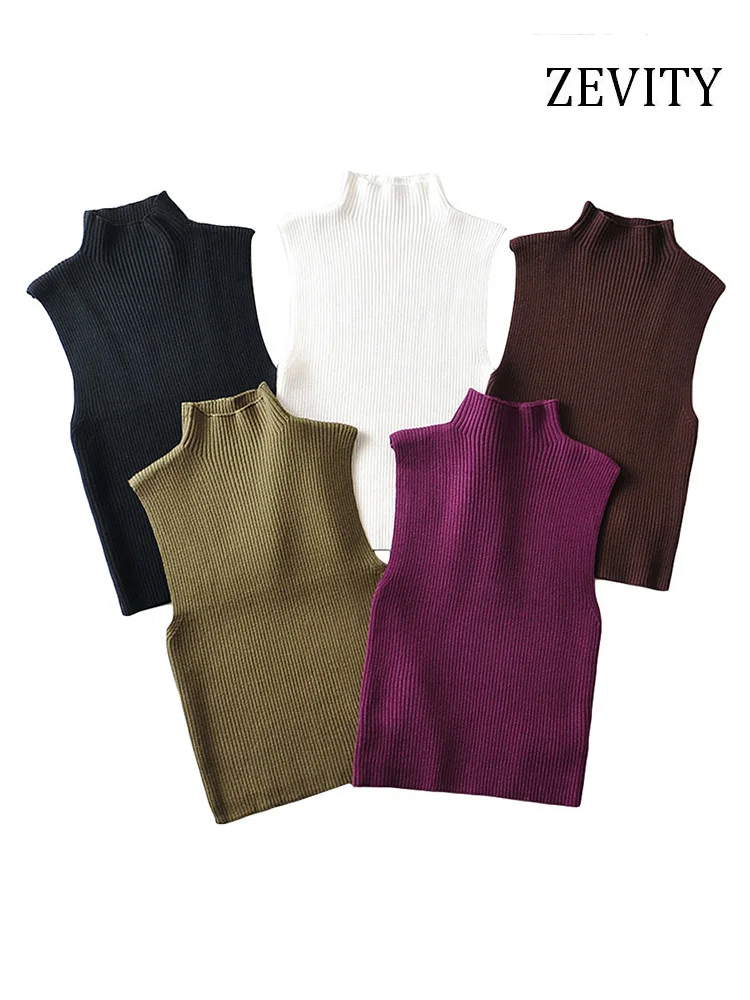 ZEVITY Women Fashion Fitted Basic Ribbed Knit Tank Tops Vintage High Neck Sleeveless Female Camis Chic Vest Top Mujer LS5257