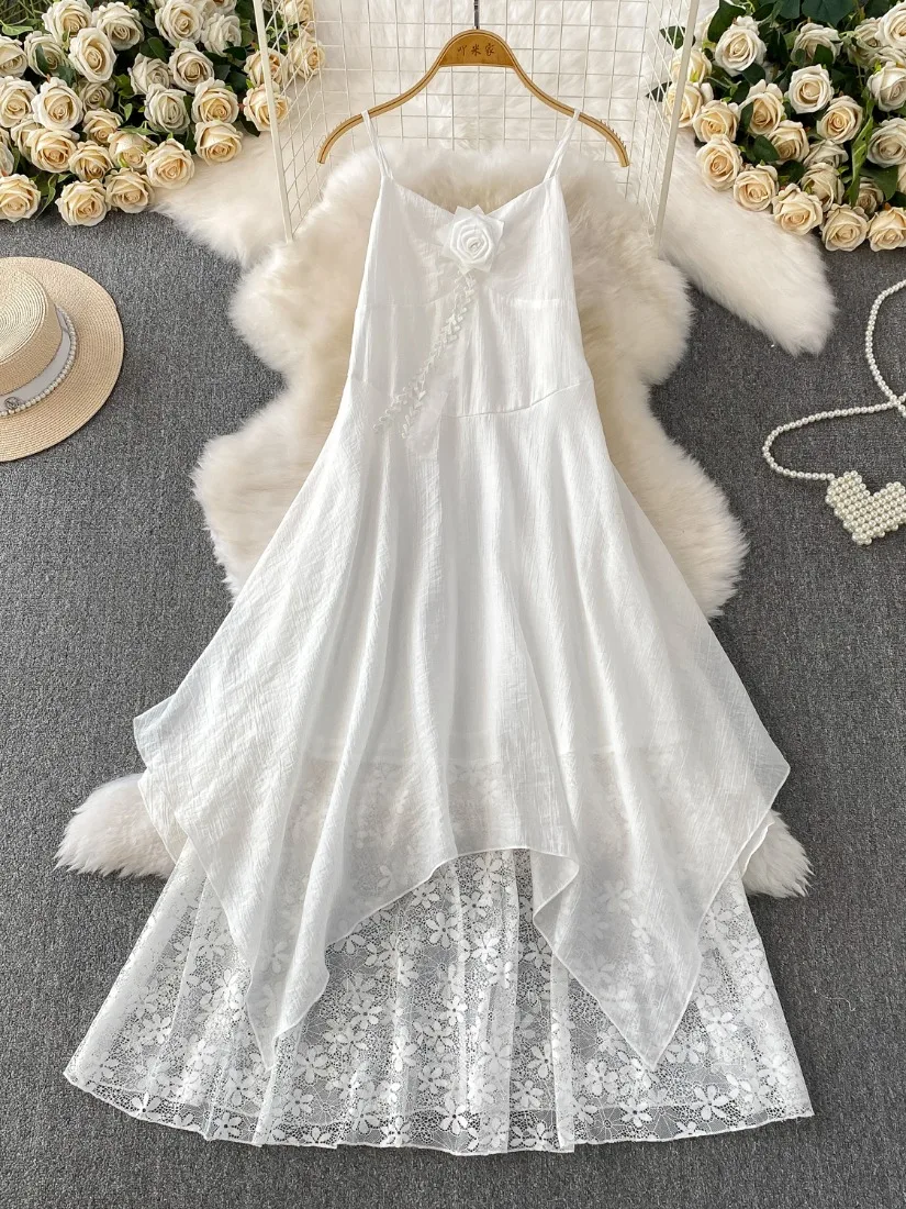 Foamlina Fairy Dress Womens White V Neck Strappy Sundress Ethereal Unique Maxi Dress Asymmetrical Hem Vintage Dress