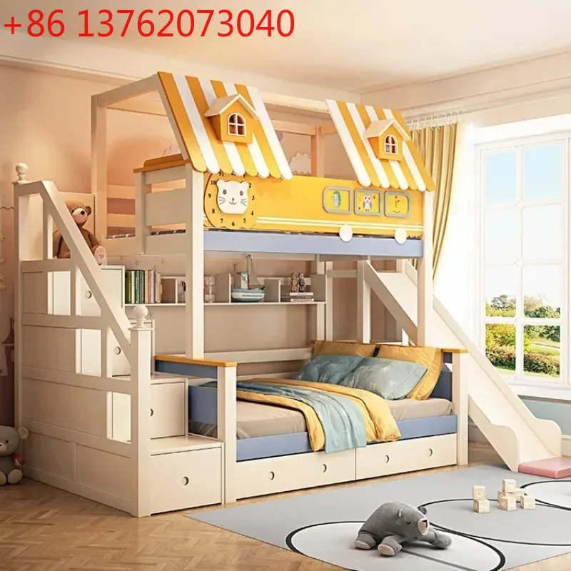 

Furniture Wood Loft Kids room Bunk for Children Wooden Bunk with Slide and Stairs Bunk with Storage