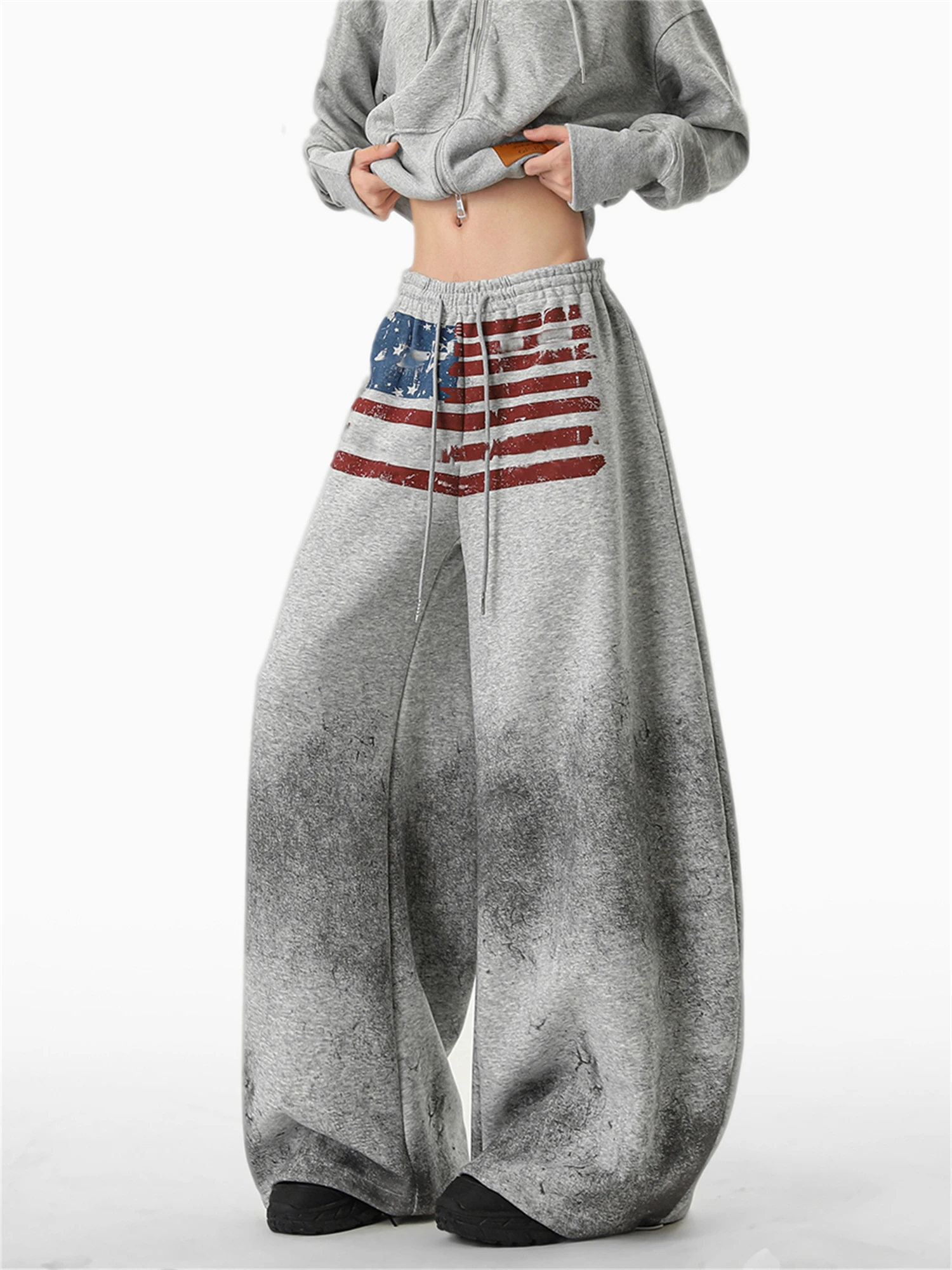 Women's Gray Oversized Wide Leg Pants American Print Distressed Design Drawstring Waist Casual Streetwear Ladies Trousers