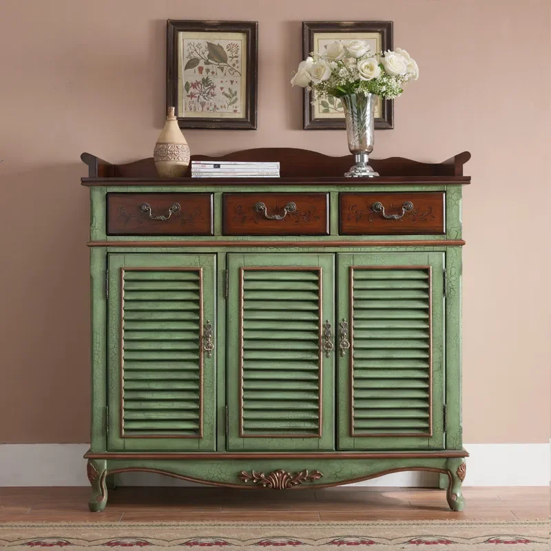 Breathable Solid Wood Shoe Cabinet with Drawers Entryway Storage Locker Partition Porch Cabinet Retro Green for Small