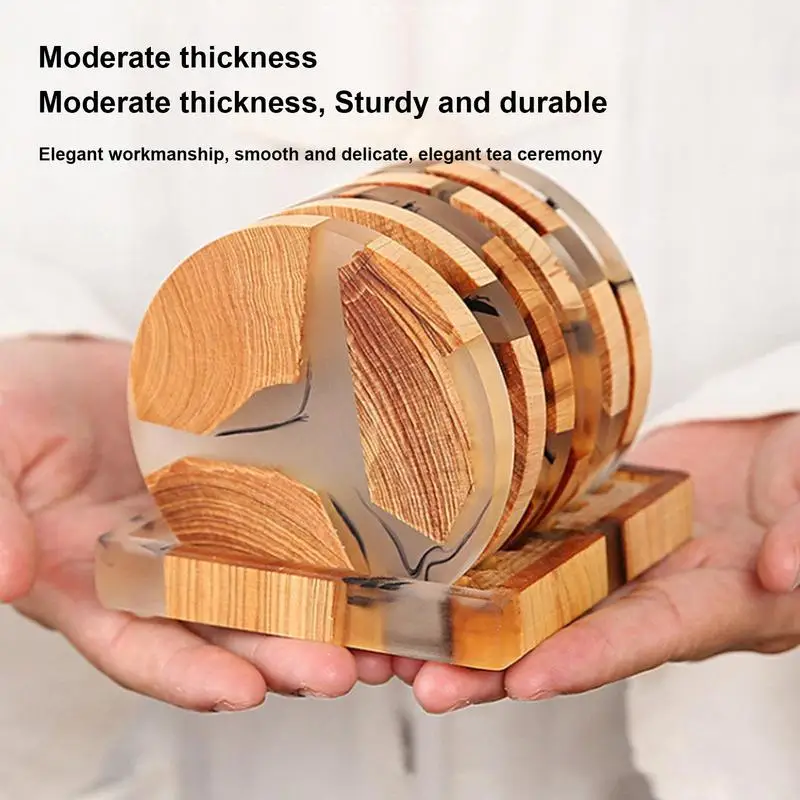 Coasters Set Of 6 Wooded Coasters Resin Table Cup Coasters Multi-functional Coasters With Holder For Home Users Business Users